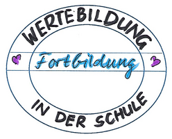 Grafik: © Karin Herzum, 2022; Schriftzug außen "Wertebildung in der Schule"; Schriftzug innen: "Fortbildung"; 