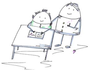 Grafik: © Karin Herzum; Zeichnung; eine Figur legt Hand auf Schulter der vor ihm sitzenden Figur, die an einem Tisch etwas schreibt, beide blicken lächelnd auf den Betrachter
