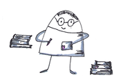 Grafik: © Karin Herzum; gezeichnete Figur mit Brille, Stift und Herzkarte in der Hand; im Hintergrund links sowie vorne rechts ein Bücherstapel